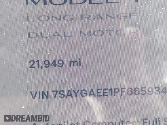 2023 Tesla Model Y Long Range with VIN 7SAYGAEE1PF665934, listed as a IAAI auction lot 41780949 with 21,949 mi miles and . Bid and sale history available at DreamBid. Image 14.
