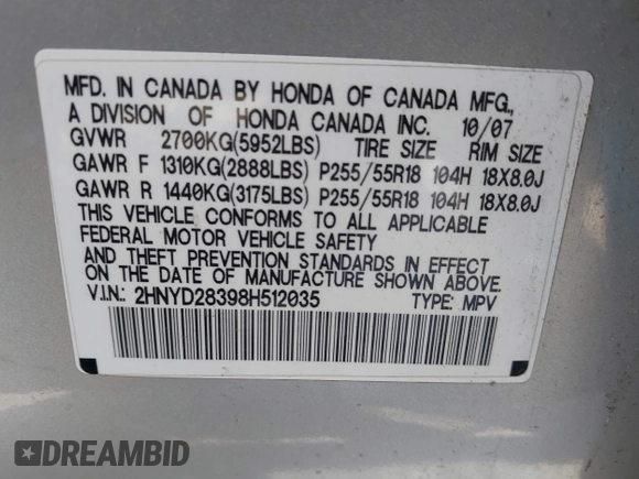2008 Acura MDX Tech Pkg with VIN 2HNYD28398H512035, listed as a IAAI auction lot 41856400 with 153,098 mi miles. Bid and sale history available at carsss.com. Image 9.