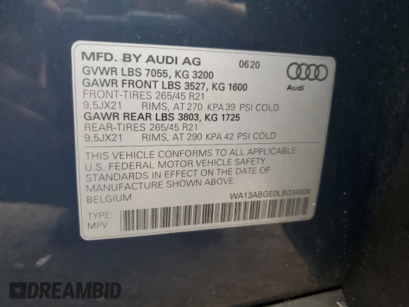 2020 Audi e-tron Sportback Prestige with VIN WA13ABGE0LB034806, listed as a Copart auction lot 63249024 with 52,616 mi miles and Salvage title. Bid and sale history available at DreamBid. Image 12.