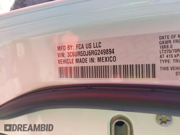 2024 Ram 2500 Big Horn with VIN 3C6UR5DJ6RG249894, listed as a IAAI auction lot 42497716 with 23,372 mi miles and . Bid and sale history available at DreamBid. Image 9.