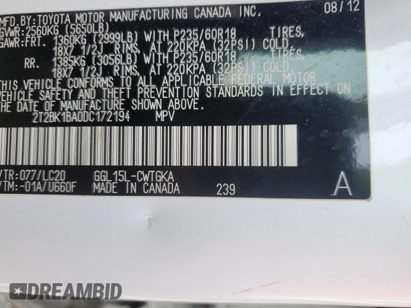 2013 Lexus RX 350 with VIN 2T2BK1BA0DC172194, listed as a Copart auction lot 58379915 with 223,217 mi miles and Salvage title. Bid and sale history available at DreamBid. Image 13.