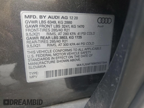 2021 Audi Q7 Premium Plus with VIN WA1LXAF76MD027344, listed as a Copart auction lot 59019365 with 67,983 mi miles and Clean title. Bid and sale history available at DreamBid. Image 12.