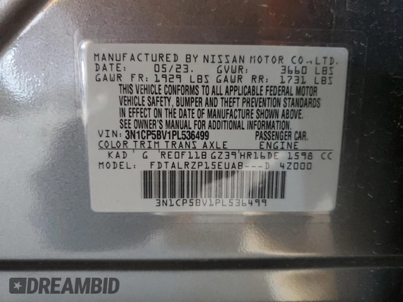2023 Nissan Kicks S with VIN 3N1CP5BV1PL536499, listed as a Copart auction lot 50149725 with 51,015 mi miles and Salvage Title. Bid and sale history available at DreamBid. Image 12.