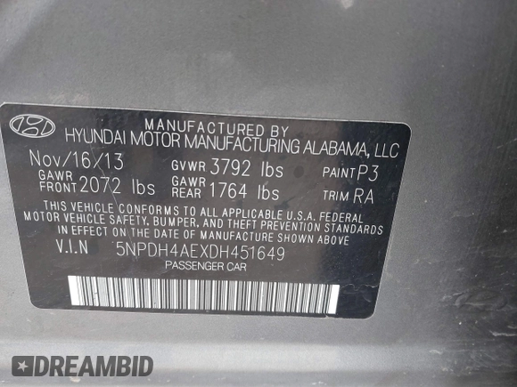 2013 Hyundai Elantra Limited with VIN 5NPDH4AEXDH451649, listed as a IAAI auction lot 41691494 with 124,827 mi miles and . Bid and sale history available at DreamBid. Image 9.