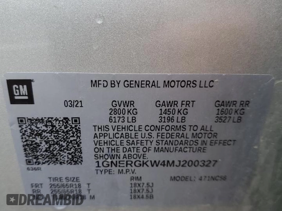 2021 Chevrolet Traverse LT Cloth with VIN 1GNERGKW4MJ200327, listed as a Copart auction lot 62613294 with 74,233 mi miles and Salvage Title. Bid and sale history available at carsss.com. Image 13.