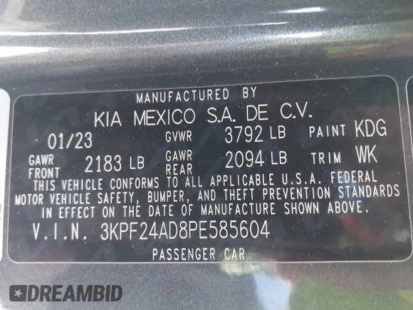 2023 Kia Forte LXS z VIN 3KPF24AD8PE585604, wystawiony jako IAAI lot #42098930 z przebiegiem 18 946 mil mil oraz . Historia ofert i sprzedaży dostępna na DreamBid. Obrazek 9.