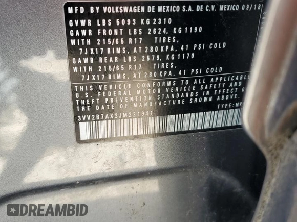 2018 Volkswagen Tiguan SEL с VIN 3VV2B7AX3JM221941, выставлен на аукционе Copart как лот 64656555 с пробегом Не указан миль и Списание • Salvage title. История ставок и продаж доступна на DreamBid. Изображение 12.