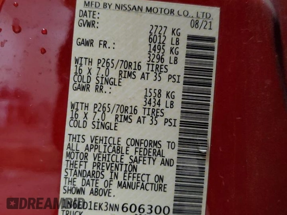 2022 Nissan Frontier SV with VIN 1N6ED1EK3NN606300, listed as a Copart auction lot 55422635 with 63,036 mi miles and Salvage title. Bid and sale history available at DreamBid. Image 12.