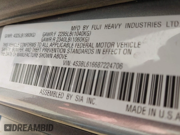 2008 Subaru Legacy Special with VIN 4S3BL616687224706, listed as a IAAI auction lot 42572767 with 187,752 mi miles and . Bid and sale history available at DreamBid. Image 9.