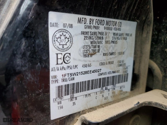 2008 Ford Super Duty F-250 SRW XL with VIN 1FTSW21528EE45027, listed as a Copart auction lot 43811735 with 157,896 mi miles and Salvage Title. Bid and sale history available at carsss.com. Image 12.