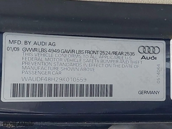 2009 Audi A4 2.0T with VIN WAUDF48H29K010559, listed as a IAAI auction lot 41548382 with 153,839 mi miles. Bid and sale history available at carsss.com. Image 9.
