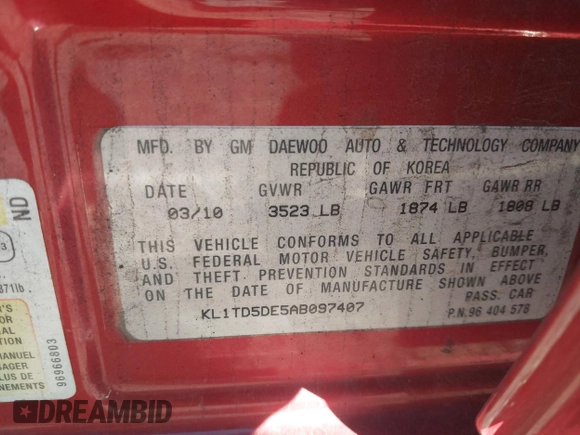 2010 Chevrolet Aveo 1LT with VIN KL1TD5DE5AB097407, listed as a IAAI auction lot 42005256 with 156,440 mi miles and . Bid and sale history available at DreamBid. Image 9.