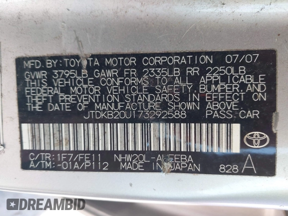 2007 Toyota Prius with VIN JTDKB20U173292588, listed as a IAAI auction lot 42274135 with Not provided miles and . Bid and sale history available at DreamBid. Image 9.