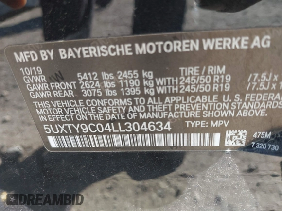 2020 BMW X3 M40i with VIN 5UXTY9C04LL304634, listed as a IAAI auction lot 41821262 with 71,731 mi miles and . Bid and sale history available at DreamBid. Image 9.