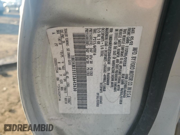 2002 Mercury Sable LS with VIN 1MEHM55S52A642630, listed as a Copart auction lot 84920234 with 51,213 mi miles and Salvage Title. Bid and sale history available at DreamBid. Image 12.