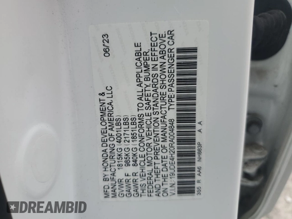 2024 Acura Integra with VIN 19UDE4H20RA004848, listed as a Copart auction lot 54493235 with 48,478 mi miles and Salvage title. Bid and sale history available at DreamBid. Image 12.