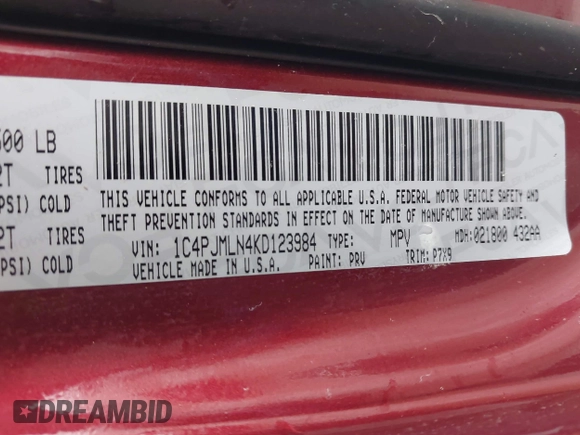 2019 Jeep Cherokee Altitude with VIN 1C4PJMLN4KD123984, listed as a IAAI auction lot 41507338 with 53,686 mi miles. Bid and sale history available at carsss.com. Image 9.