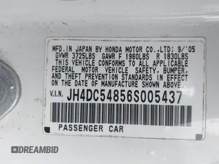 2006 Acura RSX z VIN JH4DC54856S005437, wystawiony jako IAAI lot #41402284 z przebiegiem Nie podano mil oraz . Historia ofert i sprzedaży dostępna na DreamBid. Obrazek 9.