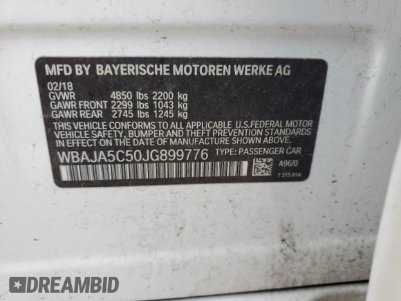 2018 BMW 5 Series 530i z VIN WBAJA5C50JG899776, wystawiony jako Copart lot #55436075 z przebiegiem Nie podano mil oraz Szkoda całkowita • Salvage title. Historia ofert i sprzedaży dostępna na DreamBid. Obrazek 12.