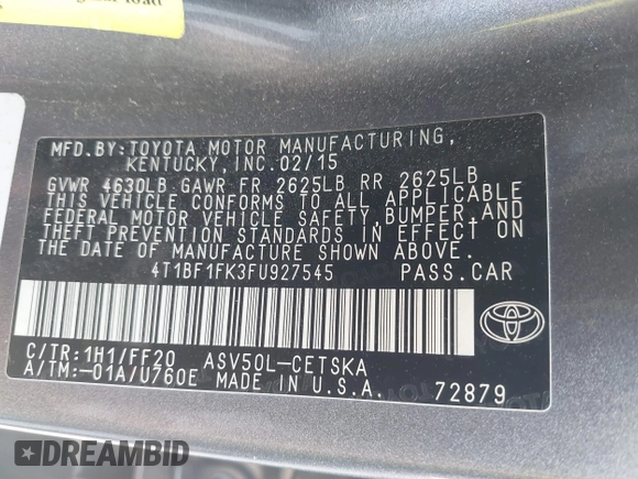 2015 Toyota Camry XLE with VIN 4T1BF1FK3FU927545, listed as a IAAI auction lot 42088944 with 293,029 mi miles and . Bid and sale history available at DreamBid. Image 9.