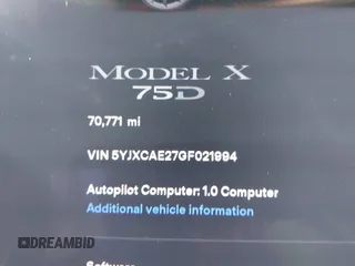 2016 Tesla Model X 70D z VIN 5YJXCAE27GF021994, wystawiony jako IAAI lot #41976475 z przebiegiem 70 771 mil mil oraz . Historia ofert i sprzedaży dostępna na DreamBid. Obrazek 16.