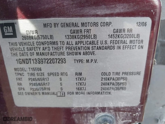 2007 Chevrolet TrailBlazer LT with VIN 1GNDT13S972207293, listed as a IAAI auction lot 41301403 with 229,042 mi miles. Bid and sale history available at carsss.com. Image 9.