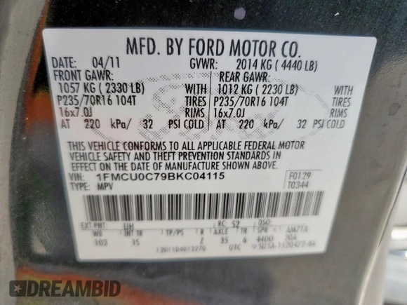 2011 Ford Escape XLS with VIN 1FMCU0C79BKC04115, listed as a Copart auction lot 56982375 with 193,078 mi miles and Salvage title. Bid and sale history available at DreamBid. Image 13.