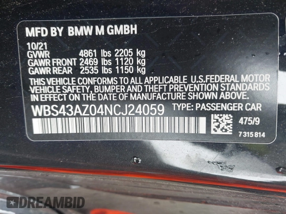 2022 BMW M4 Competition xDrive с VIN WBS43AZ04NCJ24059, выставлен на аукционе IAAI как лот 42182813 с пробегом 27 682 миль миль и . История ставок и продаж доступна на DreamBid. Изображение 9.