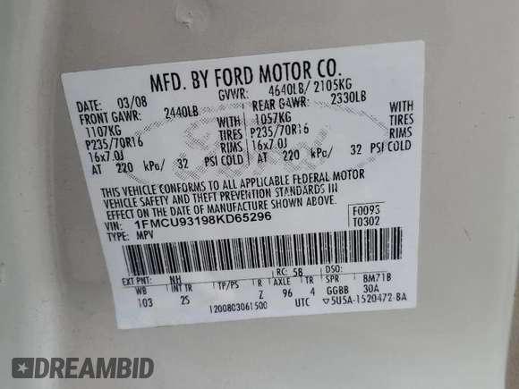 2008 Ford Escape XLT with VIN 1FMCU93198KD65296, listed as a Copart auction lot 62953705 with 153,167 mi miles and Clean title. Bid and sale history available at DreamBid. Image 14.