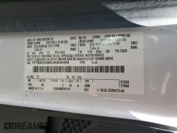 2018 Ford Transit с VIN 1FTBW3XMXJKB40404, выставлен на аукционе Copart как лот 50774585 с пробегом Не указан миль и Списание • Salvage title. История ставок и продаж доступна на DreamBid. Изображение 14.