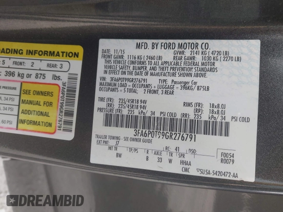 2016 Ford Fusion SE with VIN 3FA6P0T99GR276791, listed as a IAAI auction lot 42445910 with 117,355 mi miles and . Bid and sale history available at DreamBid. Image 9.