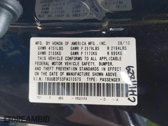 2015 Acura TLX V6 Tech with VIN 19UUB3F55FA010575, listed as a IAAI auction lot 42117562 with 108,564 mi miles. Bid and sale history available at carsss.com. Image 9.
