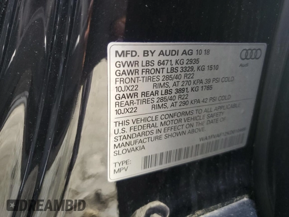 2019 Audi Q8 Prestige z VIN WA1FVAF12KD010469, wystawiony jako Copart lot #56690155 z przebiegiem 92 033 mil mil oraz Szkoda całkowita • Salvage title. Historia ofert i sprzedaży dostępna na DreamBid. Obrazek 12.