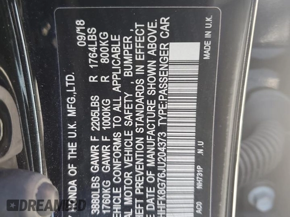 2018 Honda Civic Type R Touring z VIN SHHFK8G76JU204373, wystawiony jako Copart lot #70512323 z przebiegiem 16 159 mil mil oraz . Historia ofert i sprzedaży dostępna na DreamBid. Obrazek 14.