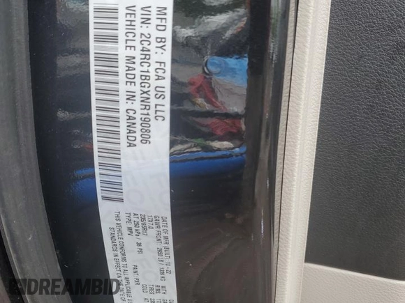 2022 Chrysler Pacifica Touring L with VIN 2C4RC1BGXNR190806, listed as a Copart auction lot 56557535 with 47,170 mi miles and Salvage Title. Bid and sale history available at DreamBid. Image 13.