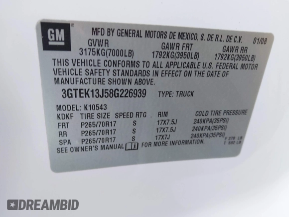 2008 GMC Sierra 1500 SLE1 with VIN 3GTEK13J58G226939, listed as a IAAI auction lot 41340422 with 203,921 mi miles. Bid and sale history available at carsss.com. Image 9.
