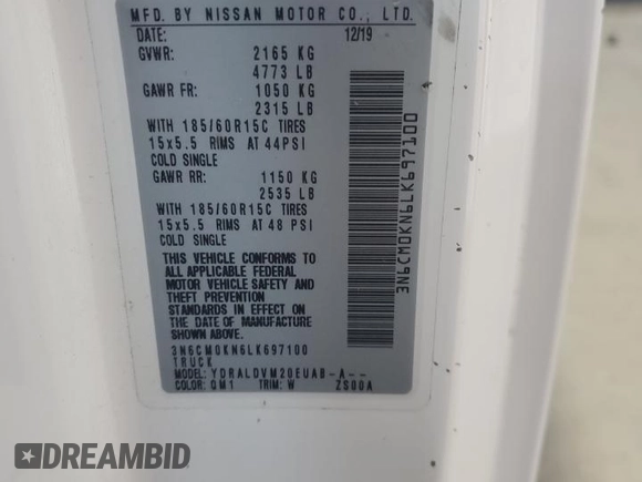 2020 Nissan NV200 S with VIN 3N6CM0KN6LK697100, listed as a Copart auction lot 61852385 with 191,500 mi miles and Clean title. Bid and sale history available at DreamBid. Image 13.