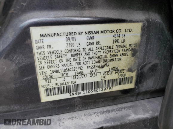 2006 Nissan Altima 3.5 SE with VIN 1N4BL11D56C129792, listed as a Copart auction lot 85872914 with 230,209 mi miles and Salvage Title. Bid and sale history available at carsss.com. Image 14.