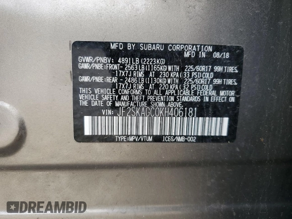 2019 Subaru Forester Premium with VIN JF2SKAGC0KH406181, listed as a Copart auction lot 56172575 with 149,279 mi miles and Salvage title. Bid and sale history available at DreamBid. Image 13.