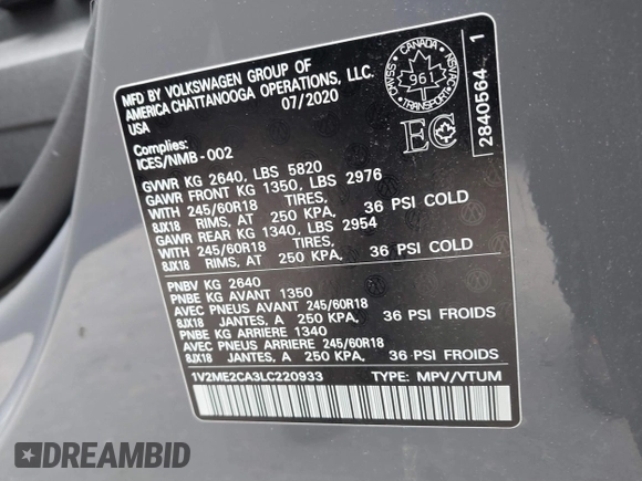 2020 Volkswagen Atlas SEL with VIN 1V2ME2CA3LC220933, listed as a IAAI auction lot 42265014 with 43,343 mi miles and . Bid and sale history available at DreamBid. Image 9.