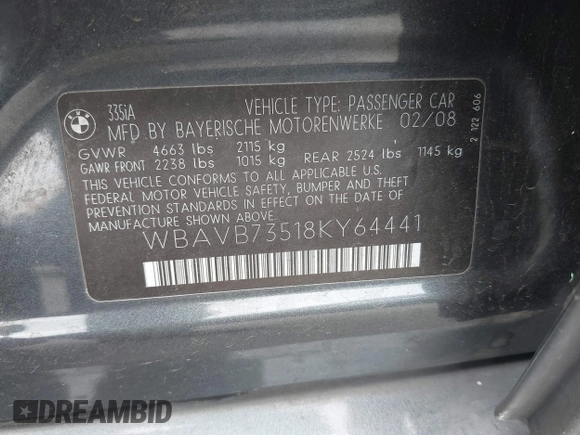 2008 BMW 3 Series 335i with VIN WBAVB73518KY64441, listed as a IAAI auction lot 42066541 with 155,868 mi miles and . Bid and sale history available at DreamBid. Image 9.