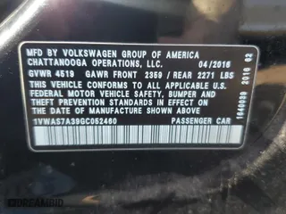 2016 Volkswagen Passat 1.8T S with VIN 1VWAS7A39GC052460, listed as a Copart auction lot 54446315 with 95,911 mi miles and Clean Title. Bid and sale history available at carsss.com. Image 12.