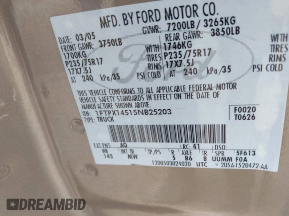 2005 Ford F-150 XLT with VIN 1FTPX14515NB25203, listed as a IAAI auction lot 42267843 with 204,913 mi miles and . Bid and sale history available at DreamBid. Image 9.