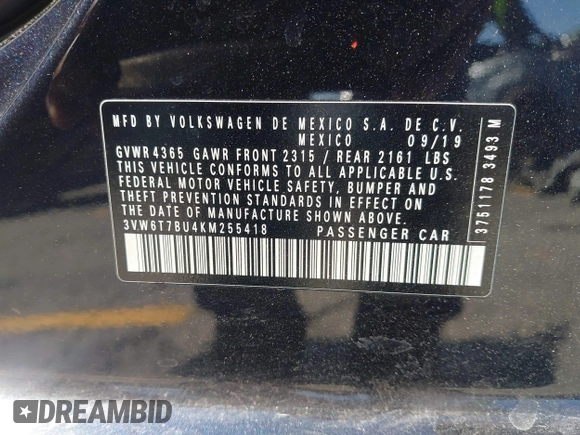 2019 Volkswagen Jetta S with VIN 3VW6T7BU4KM255418, listed as a IAAI auction lot 42141020 with 74,066 mi miles and . Bid and sale history available at DreamBid. Image 9.
