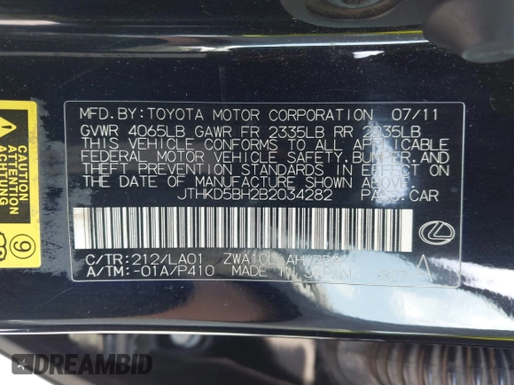 2011 Lexus CT 200h z VIN JTHKD5BH2B2034282, wystawiony jako IAAI lot #42163651 z przebiegiem 201 669 mil mil oraz . Historia ofert i sprzedaży dostępna na DreamBid. Obrazek 9.