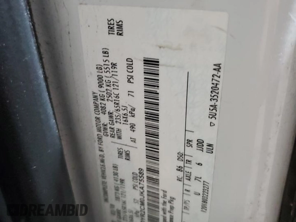 2018 Ford Transit with VIN 1FDYR2CM0JKA75589, listed as a Copart auction lot 48477245 with 65,267 mi miles and Salvage Title. Bid and sale history available at DreamBid. Image 14.