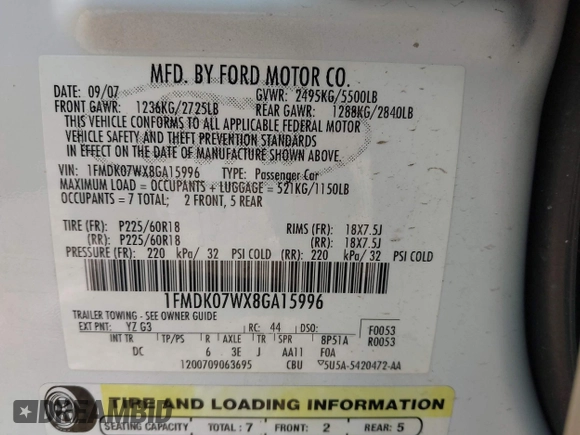 2008 Ford Taurus X Eddie Bauer z VIN 1FMDK07WX8GA15996, wystawiony jako IAAI lot #42221226 z przebiegiem 137 102 mil mil oraz . Historia ofert i sprzedaży dostępna na DreamBid. Obrazek 9.