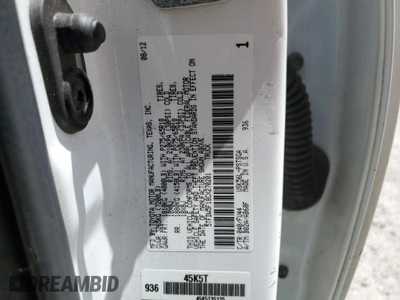 2012 Toyota Tundra 4WD Truck with VIN 5TFDW5F18CX270201, listed as a Copart auction lot 53241885 with 0 mi miles and Salvage Title. Bid and sale history available at carsss.com. Image 12.