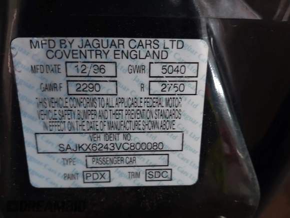 1997 Jaguar XJ Vanden Plas with VIN SAJKX6243VC800080, listed as a IAAI auction lot 42190859 with 192,979 mi miles and . Bid and sale history available at DreamBid. Image 9.