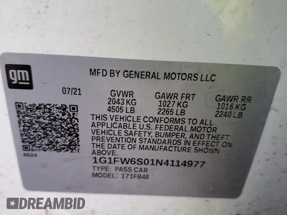 2022 Chevrolet Bolt EV 1LT with VIN 1G1FW6S01N4114977, listed as a Copart auction lot 72874832 with 9,921 mi miles. Bid and sale history available at carsss.com. Image 12.